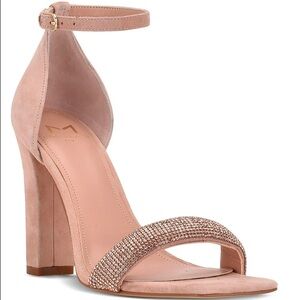 MARC FISHER Angelo Nude SUEDE Rhinestone leather 4" heel sandal Sz 8.5 NIB